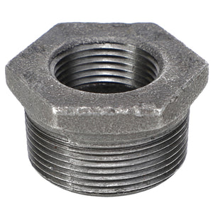 The AGCO BUSH - AG560856 is a hexagonal steel pipe reducer designed with threaded interior and exterior surfaces, ideal for connecting different pipe sizes.