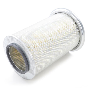 An AGCO | Engine Air Filter Cartridge - La1930785, featuring a cylindrical design with a metal frame and white pleated filter material, is showcased on a white background. It is engineered to protect your engine with superior filtration efficiency.