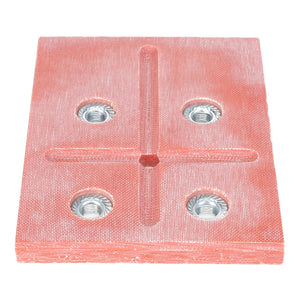 The AGCO | WEAR PAD - AG325340 is a red square metal plate featuring four embedded nuts in a rectangular arrangement, and intersecting grooves at the center.