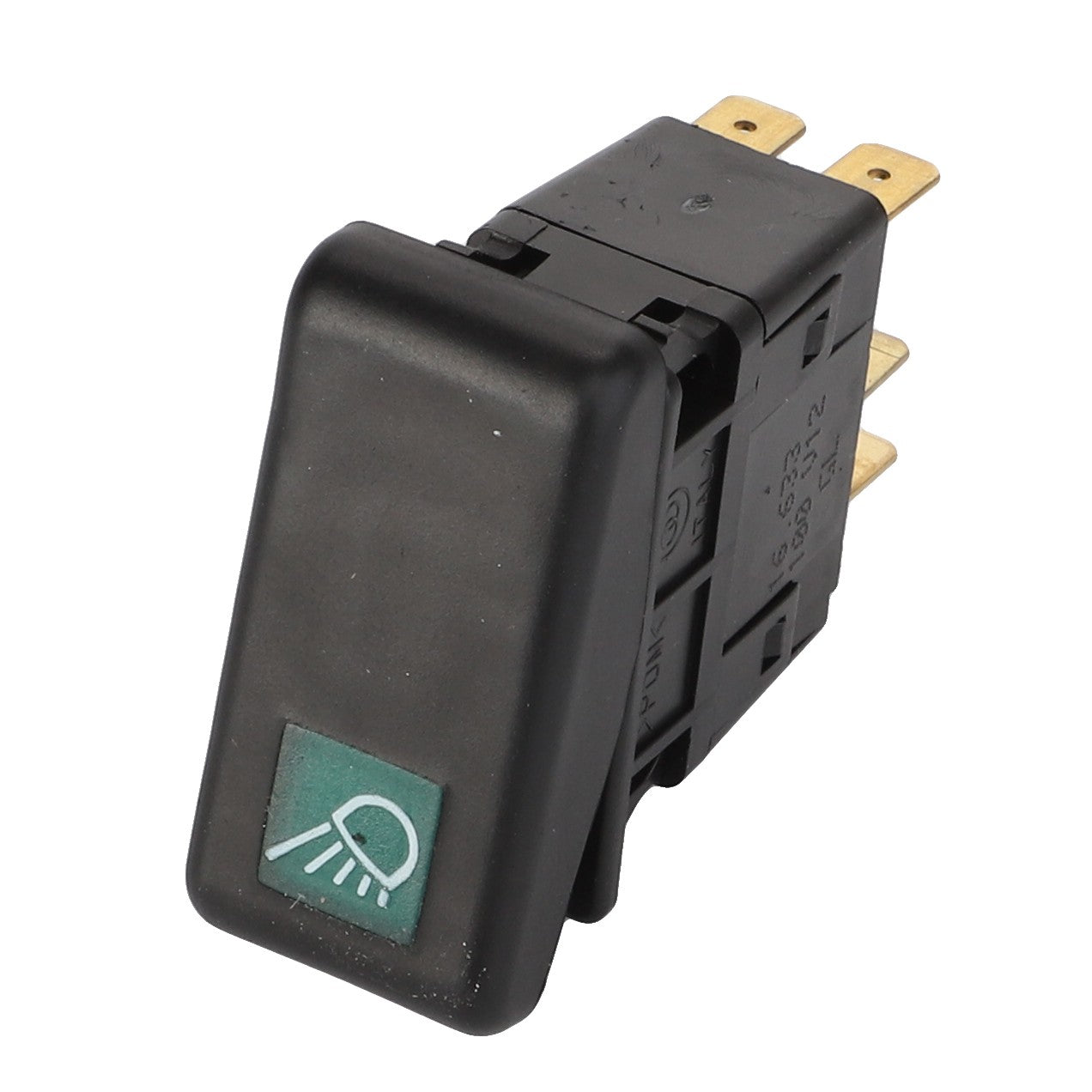 The AGCO Light Switch - Acw1669770 is a black rectangular rocker switch with brass prongs and features a headlight icon on the faceplate. No current product description information is available.