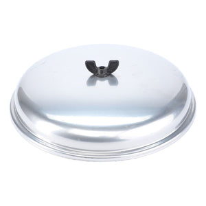 A metallic, dome-shaped lid with a central black handle, seen from a slightly elevated angle, reminiscent of the precision found in an AGCO Filter Housing - 1018551M91.