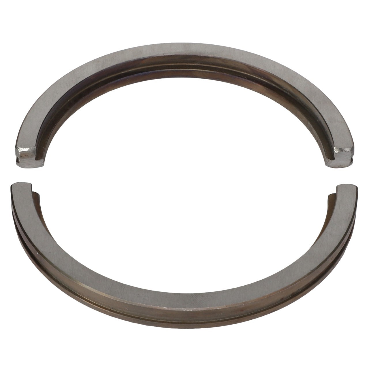 The AGCO SNAPRING - AG725281, consisting of two semi-circular metal retaining rings, is designed to be placed open-ended to form a circular shape for securely fastening components in machinery.