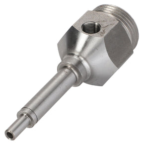 AGCO | AXLE - D28382048: Metal cylindrical component with a threaded hexagonal base and dual cylindrical protrusions by AGCO.