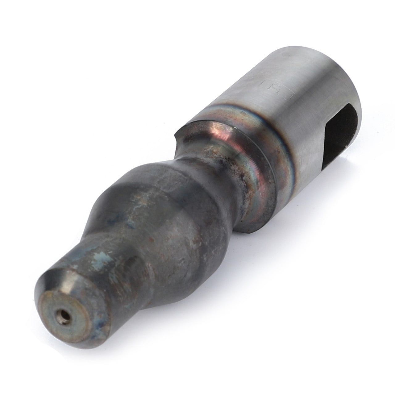 The AGCO COUPLING BOLT Bush, Automatic Clevis (F816500070160) is a metal pipe fitting with a cylindrical body, a slightly bulged middle section, and a rectangular cutout on one end. No current product description information available.