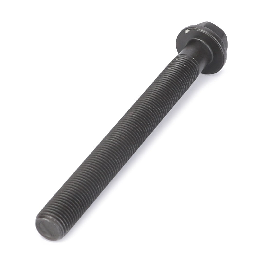 A black, threaded metal bolt with a hexagonal head and an integrated washer near the top, suitable for various Massey Ferguson models: AGCO | Hexagon Flange Bolt - 4224867M1.