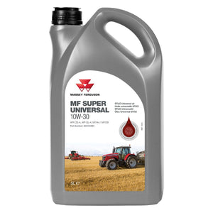 A 5-liter gray plastic container of AGCO Mf Super Universal 10W-30 oil (product number 3931033M3), featuring a label with a picture of a red tractor in a field and fortified with high-performance additives. Ideal for Massey Ferguson equipment.