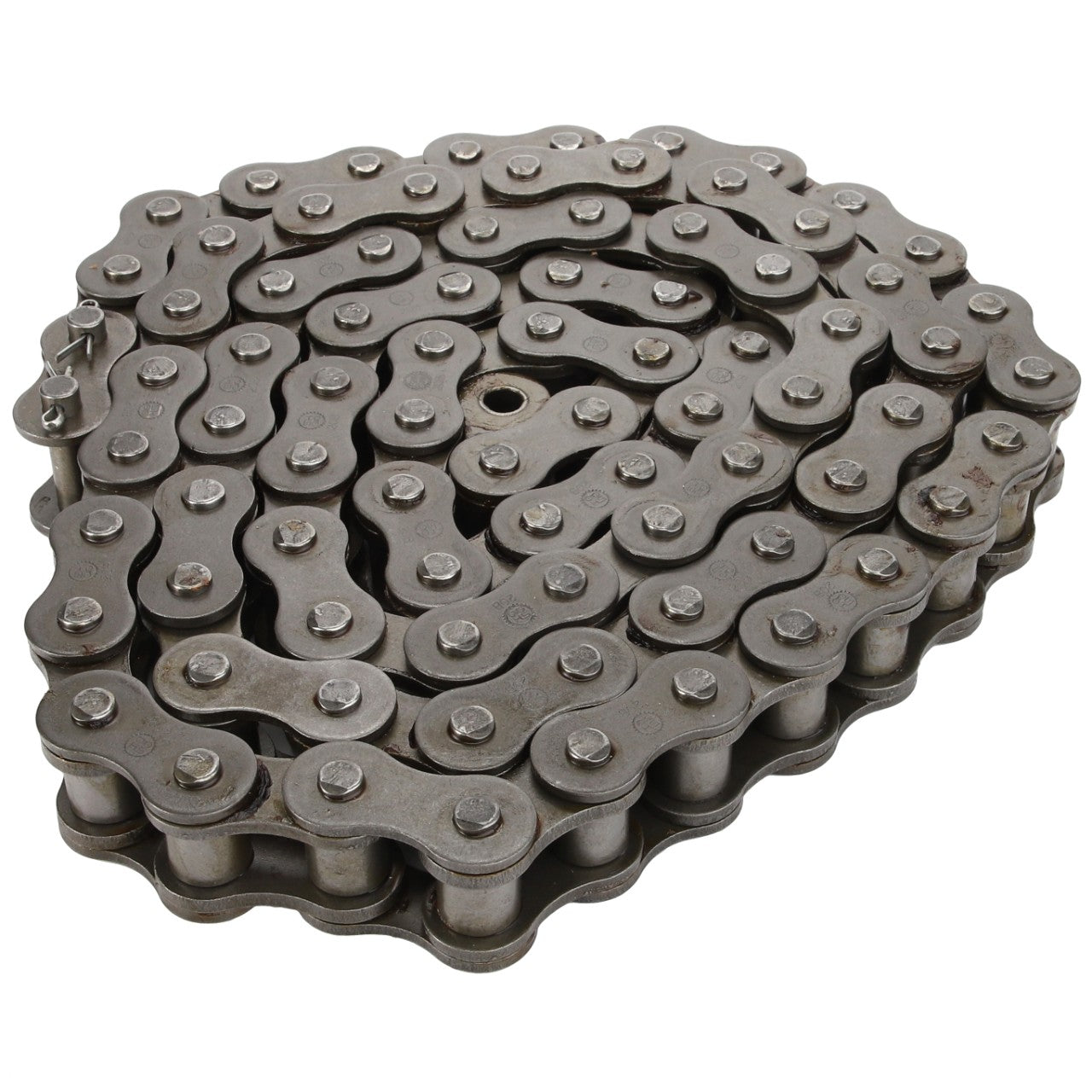 The AGCO | Chain Feeder Transmission - D28273943 is a coiled metal chain with interconnected links, expertly engineered by AGCO for peak efficiency and high fatigue strength, ideal for use in bicycles or machinery.