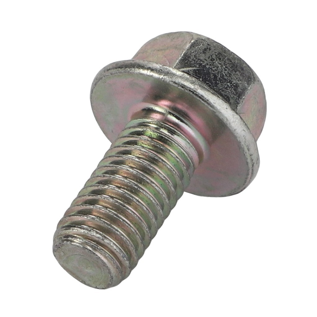 A close-up image of the AGCO Flange Head Capscrew - Acp0360540, a metallic hex bolt from the AGCO brand. The capscrew features a partially threaded shaft and boasts a shiny, silver finish.