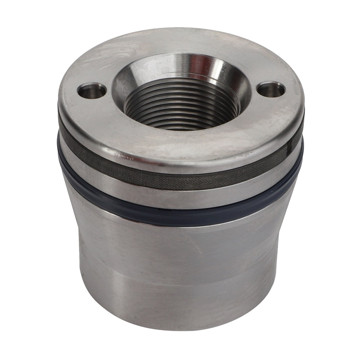 A cylindrical stainless steel mechanical part, named AGCO | PISTON - AL12707512, features a threaded interior, two small holes on the top, and a blue rubber gasket around the middle section. No current product description information is available for this item.