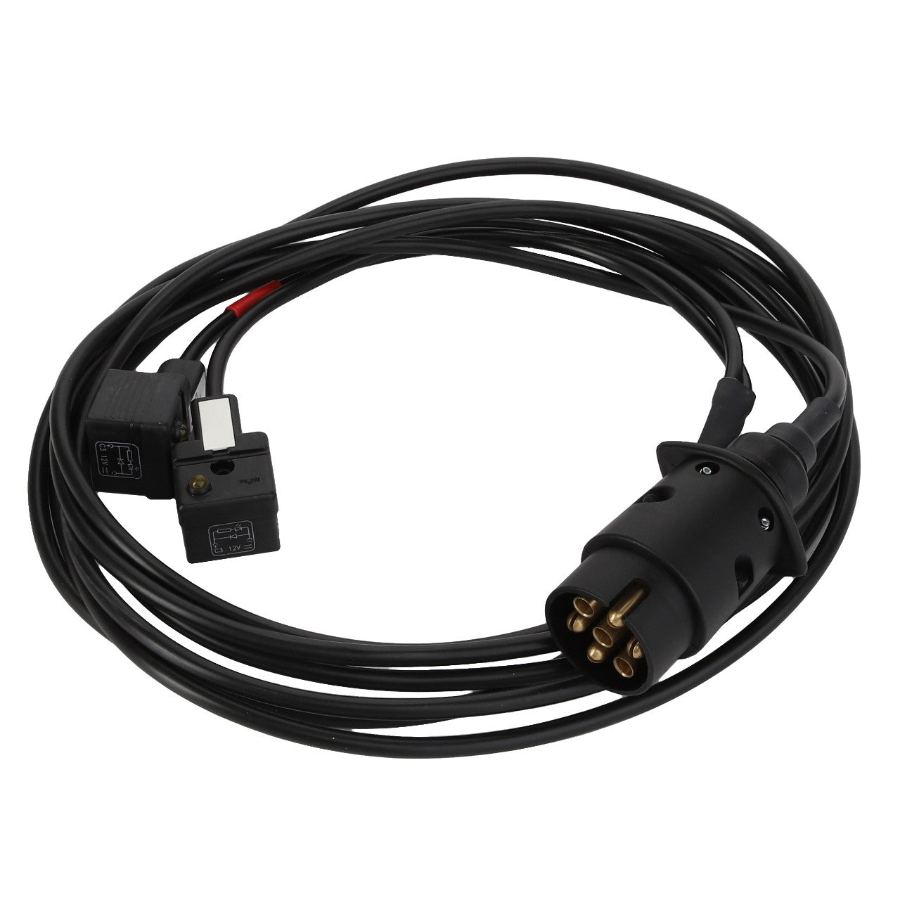 The AGCO | CABLE - AL740817 is a black electrical cable featuring multiple connectors, including a circular multi-pin connector and two rectangular connectors with icons and labels. Currently, detailed product description information is not available.