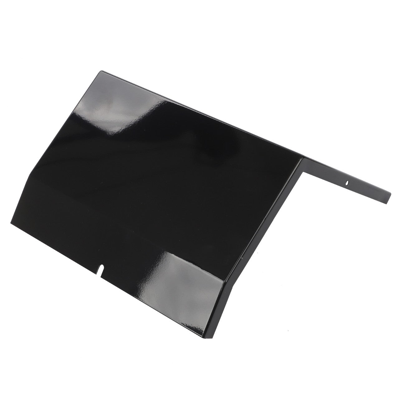 A product named "AGCO Cover - 4273103M2" by AGCO is described as a black, angular metal sheet featuring a triangular cutout and a small hole near the edge, which may serve as a component for machinery or a structural piece used in Massey Ferguson Models.