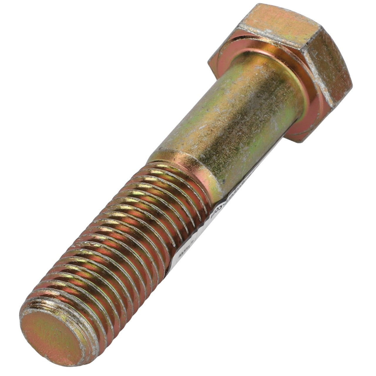 Image of the AGCO | BOLT - AG521357, a hex bolt with a partially threaded shank and a hexagonal head, likely made of metal with a goldish hue, lying on a white background.