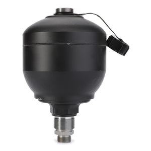 The AGCO Diaphragm Accumulator, 0.75 L - G835300150140, designed specifically for Fendt Vario models, features a black cylindrical body with metal fittings on both ends and a small attached cap on the side. High-quality AGCO Parts ensure durability and reliability for optimal performance.