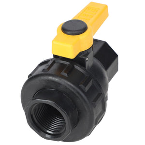 Close-up of the AGCO | VALVE - AG428458 black plastic Single Union Spinweld valve fitting, featuring a yellow lever handle and available in sizes ranging from 1/2" to 2".