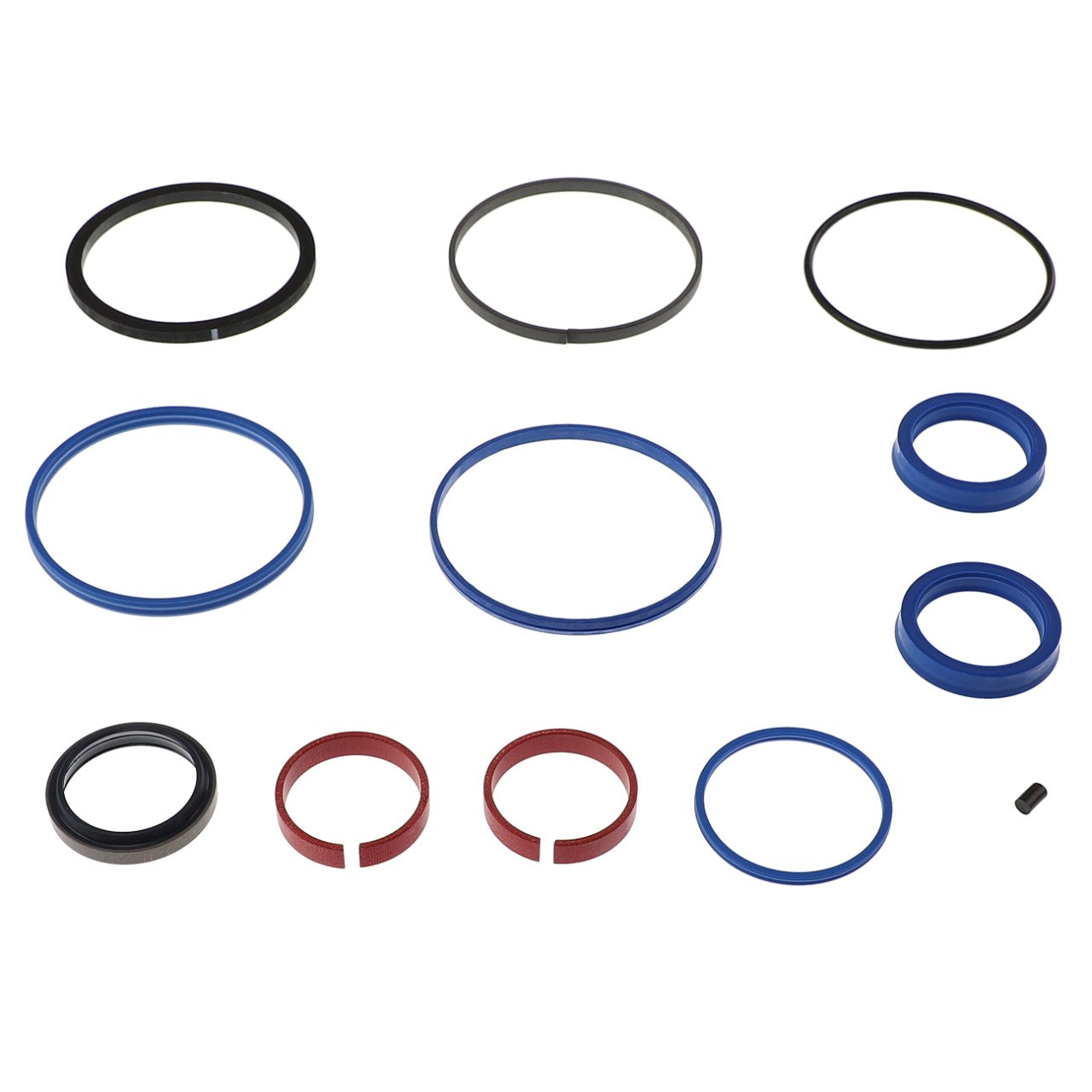 A variety of black, blue, and red rubber and plastic O-rings and seals from the AGCO SEALS KIT - AL5034159, neatly arranged on a white background. No current product description provided.