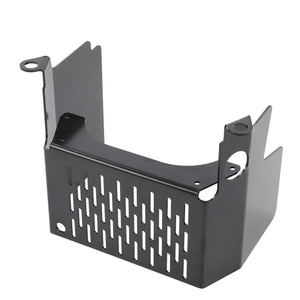 The AGCO Cowl - Acw0750160 by AGCO is a black metal bracket featuring perforated slots, designed for mounting purposes with multiple holes and a sturdy structure. No current product description information is available.