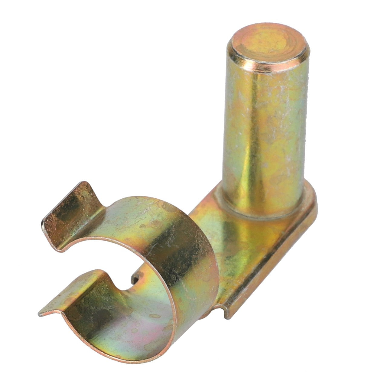 The AGCO | PIN - D45904800 is a brass-colored metal clip that features a cylindrical post and a curved, clamp-like opening. No additional product description information is available at this time.