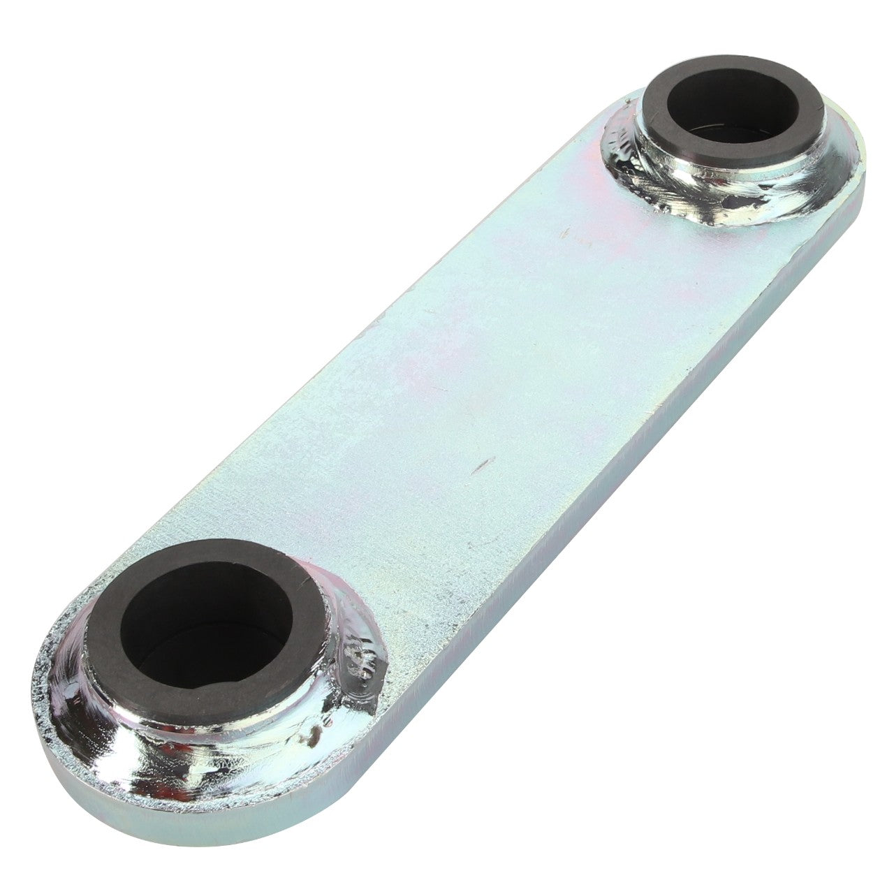 The AGCO Lever - Fel151757 is a metallic rectangular linkage featuring rounded ends and two circular holes equipped with rubber or plastic bushings.