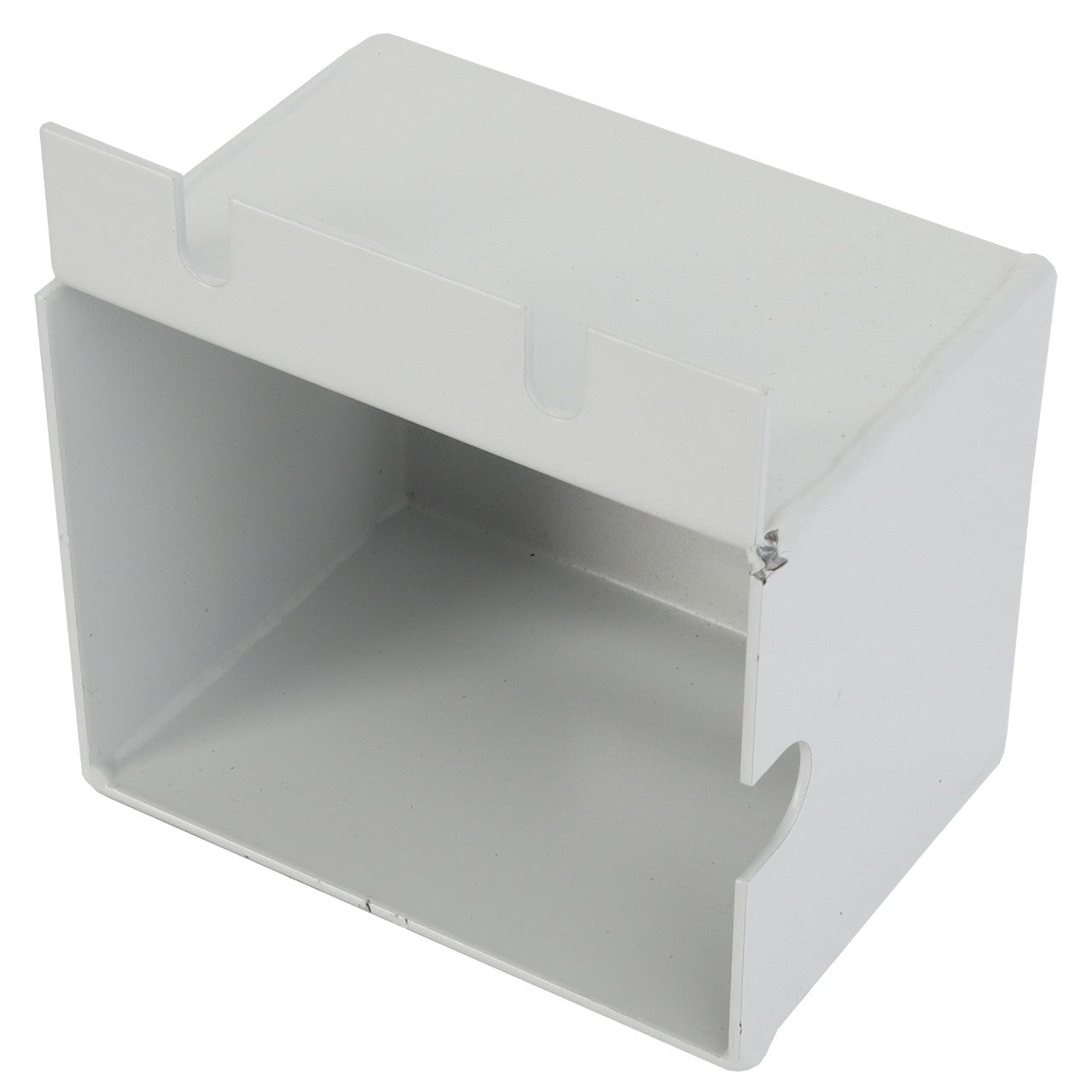 The AGCO BRACKET - D28783224, a white, rectangular, open-ended metal bracket, features cut-out sections on the top and front surfaces. No current product description information is available.