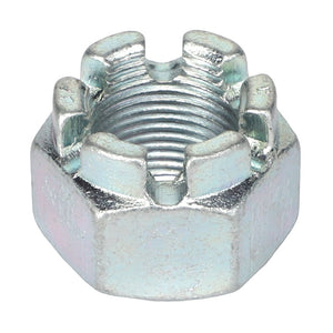 Close-up of the AGCO | HEX NUT - ACP0413170, a silver, hexagonal metal castellated nut featuring internal threading and six slots on the top edge. For more details, refer to the current product description or contact our support team before ordering.