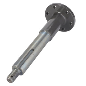 The AGCO Shaft, Reel Aspo Left Side - La321035750 by AGCO is a metal cylindrical shaft featuring a flange on one end and a threaded end with a slot on the other, engineered for peak efficiency and maximum uptime.