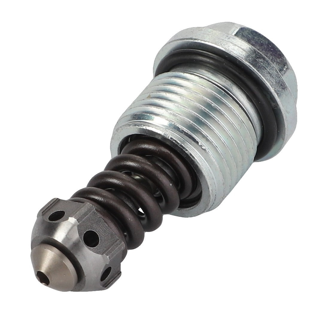 The AGCO PRESSURE-RELIEF VALVE - AL60010115 is a metallic, spring-loaded valve component featuring a cylindrical threaded body and a conical tip at one end.