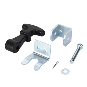 There is no existing product description for the AGCO | BONNET FASTENER - D46150208 collection, which contains a black plastic piece, two metal brackets, a screw, a pin, a washer, and a small metal rod, all displayed on a white background.