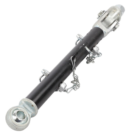 The AGCO Stabiliser - Va201095 is a black hydraulic cylinder rod featuring silver mounting brackets and clamps on both ends, specifically designed for machinery applications compatible with Massey Ferguson Models such as the MF 3630 and MF 3650.