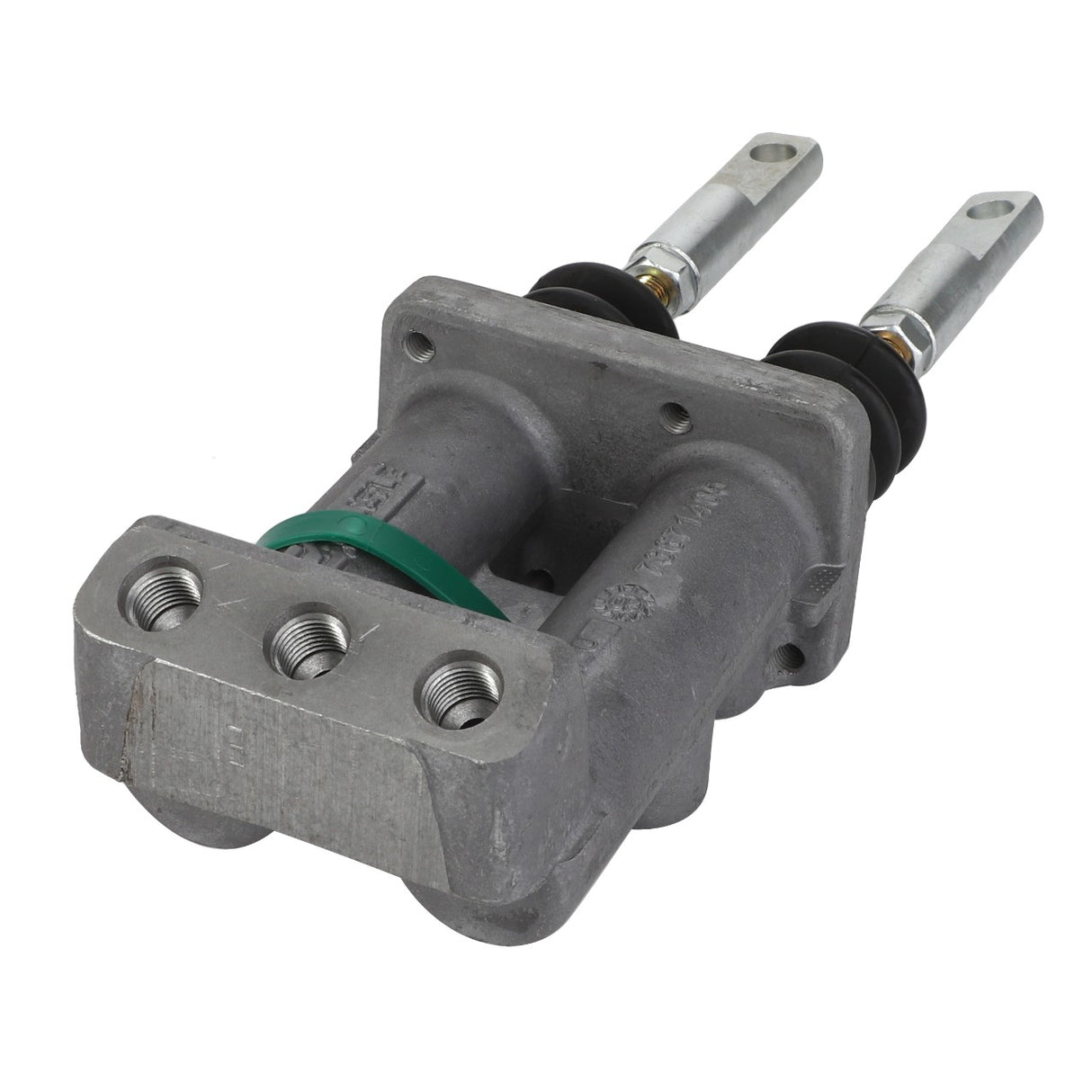 The AGCO Master Cylinder (Acw012012A), featuring a sleek silver finish, three ports, and two vertically aligned extended metal rods, gleams with precision engineering.