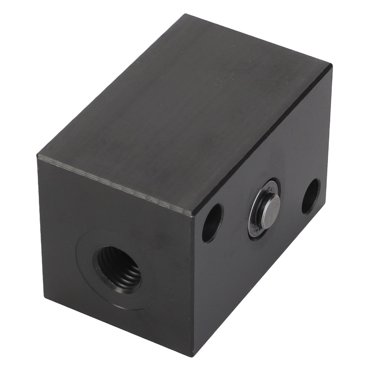 No current product description is available for the AGCO Valve - Acp0380150, but this black, rectangular metal block features multiple threaded and non-threaded holes on its sides, making it perfect for engineering or industrial use.