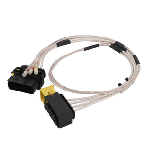 Harness featuring a coiled cable with multiple wires terminating in rectangular black and yellow connectors on each end, currently listed as AGCO | Harness - Act0060550 by AGCO without a detailed product description.