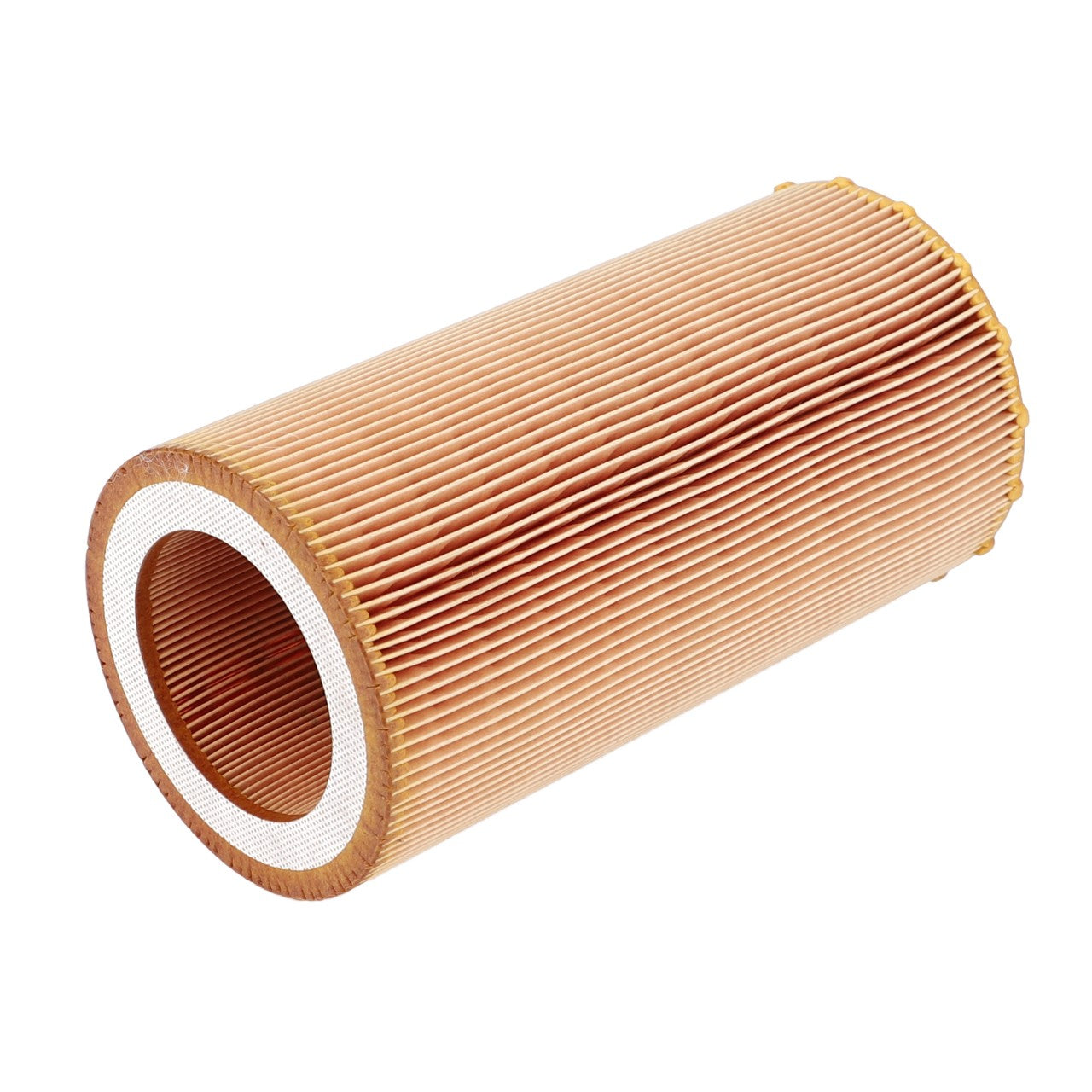 The AGCO | AIR FILTER - ATV0470-619 is a cylindrical pleated paper air filter cartridge featuring a white inner lining and brown outer ridges, with both ends open. Currently, no additional product description information is available.