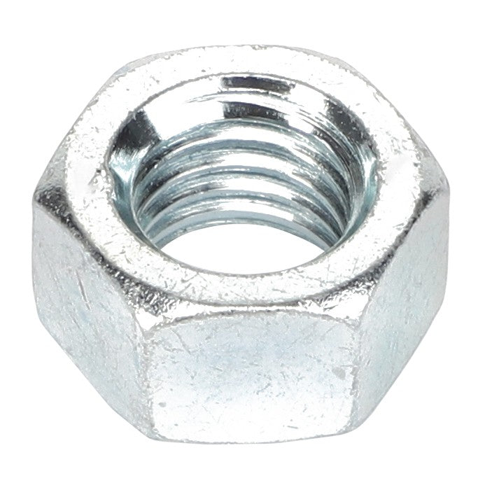 A close-up of the AGCO NUT - AL5011055, featuring a hexagonal metal design with internal threads, typically used for fastening purposes. This product is manufactured by AGCO.