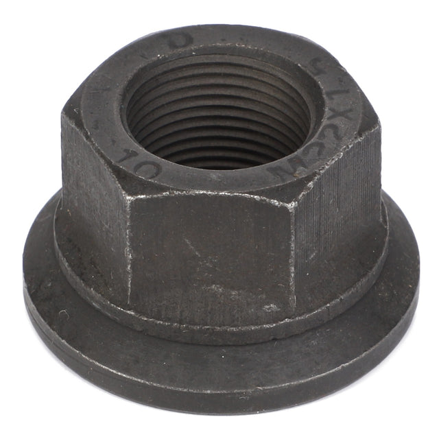 Close-up of the AGCO | Nut - La320630350, a dark-colored hex nut with a flange, showing internal threading and engraved markings on top.