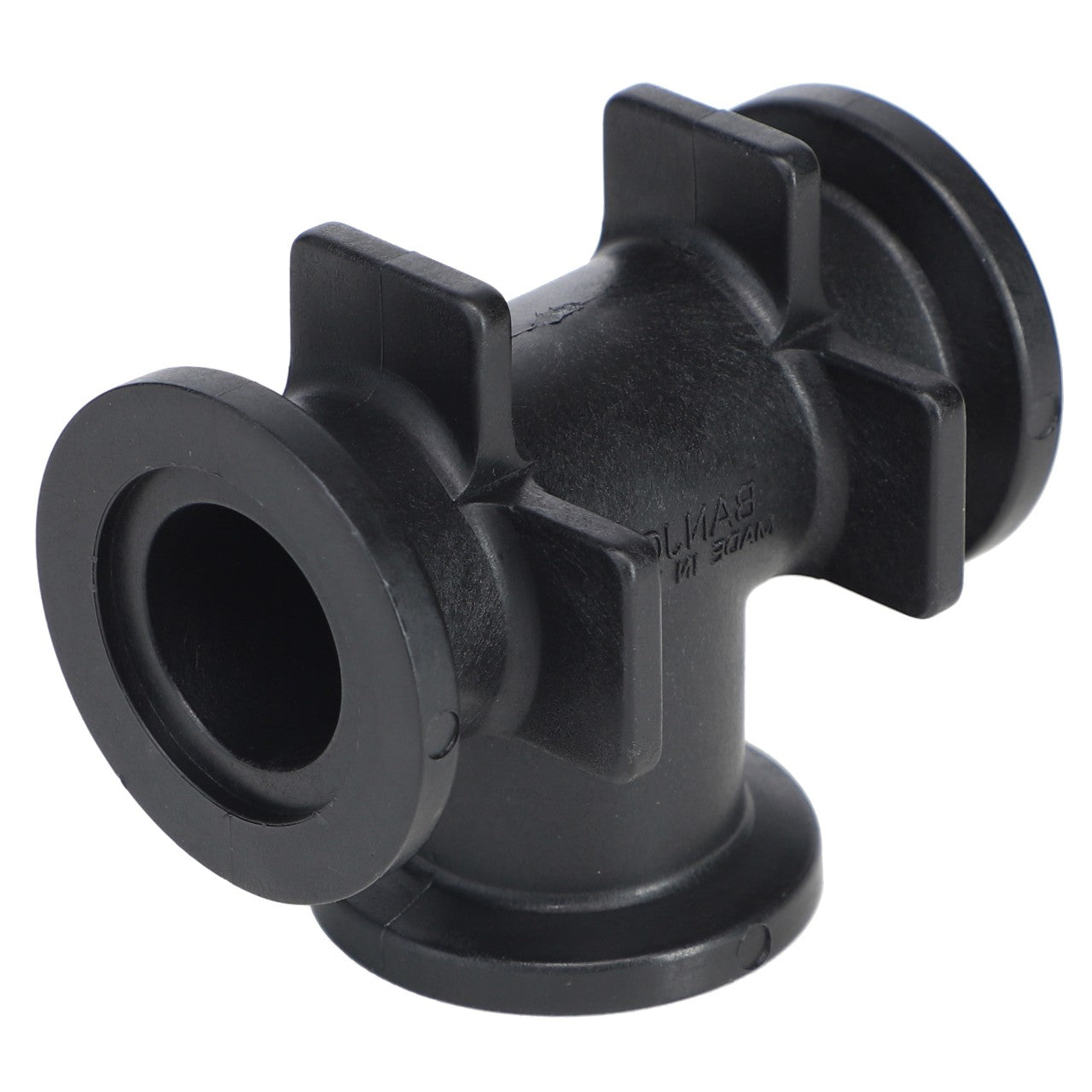 Currently, there is no product description available for the AGCO Reducer Bush (Ag056287), a black plastic T-shaped pipe fitting with flanged ends and three openings.