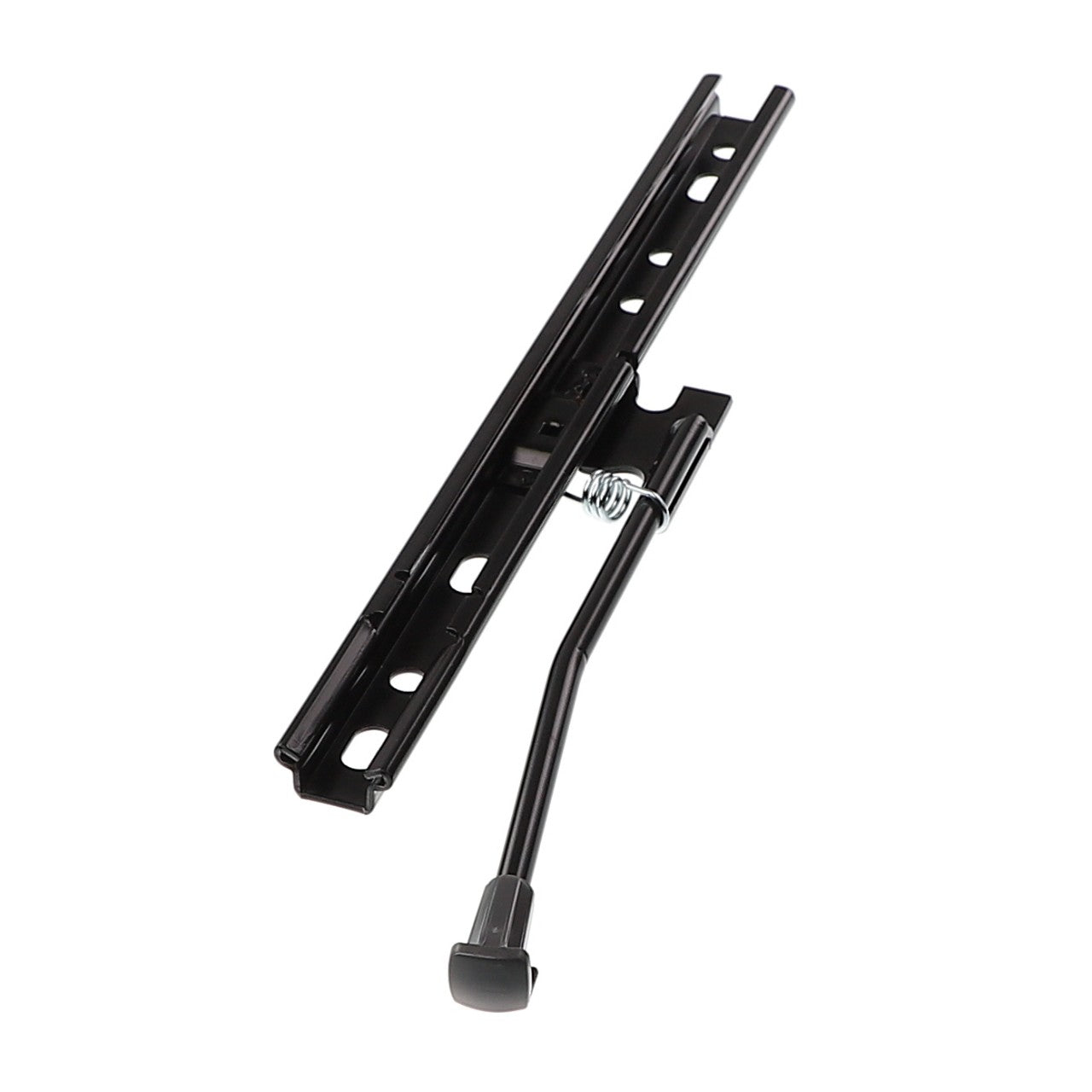 The AGCO | Lever Kit - Acp0349930 by AGCO is a black metal sliding mechanism equipped with a handle and spring, featuring multiple perforations along its length.