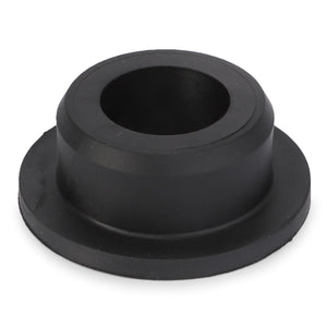 The AGCO Bushing - 718500200100, a black rubber grommet with a cylindrical shape, flanged base, and central hole, is perfect for use in Massey Ferguson equipment.