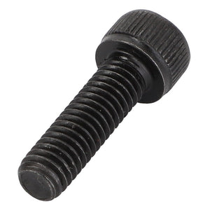 A close-up image of the AGCO Bolt - Acp0412000, a black threaded metal bolt with a ridged, cylindrical head, exemplifies precision engineering.