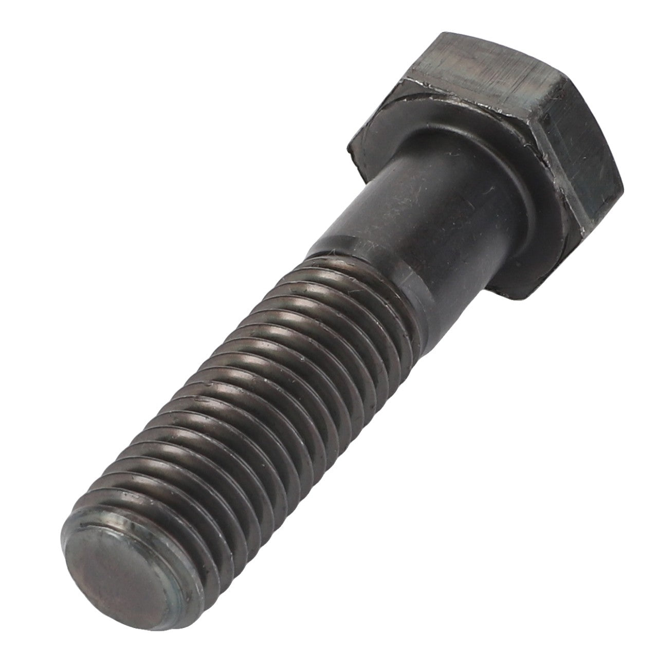 A close-up view of a single metallic hex bolt, specifically the AGCO | Hexagonal Head Bolt - X486541406000, with threading on its shaft, reminiscent of the robust components found in Massey Ferguson Models, positioned against a plain white background.