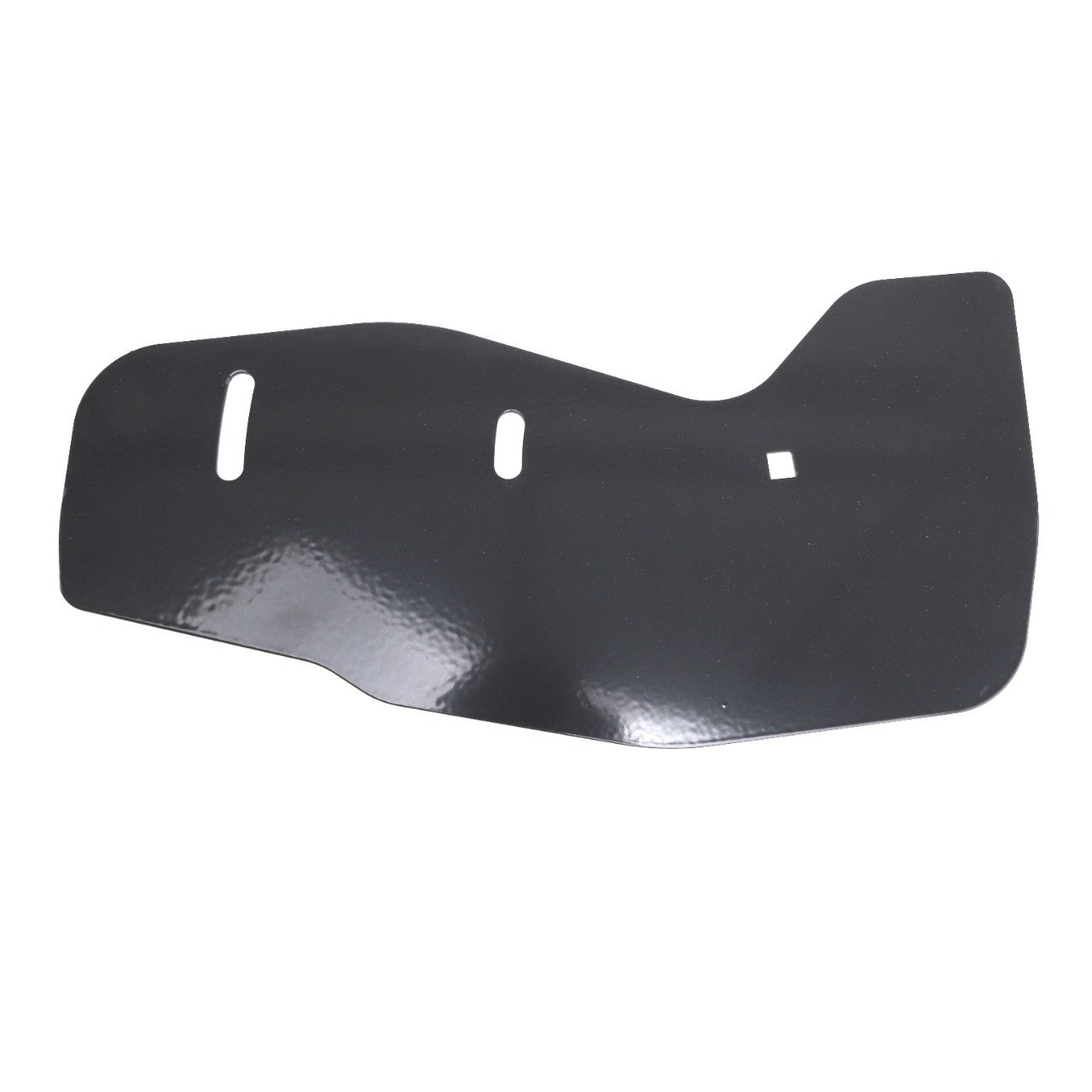 The AGCO Side Plate - Acx3384430 by AGCO is a black, irregularly shaped component made of plastic or metal that features three slots. Please note that no current product description information is available.