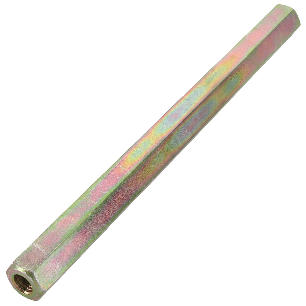 The AGCO LEVER - D28885536, a long, hexagonal metal rod with threaded ends, features a mesmerizing, reflective multicolored surface.