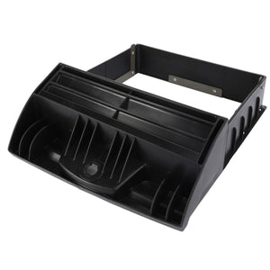 A sleek black plastic front-loading document tray, the AGCO Filter Box - Acw8832680, features a stepped design and multiple compartments for optimal organization.