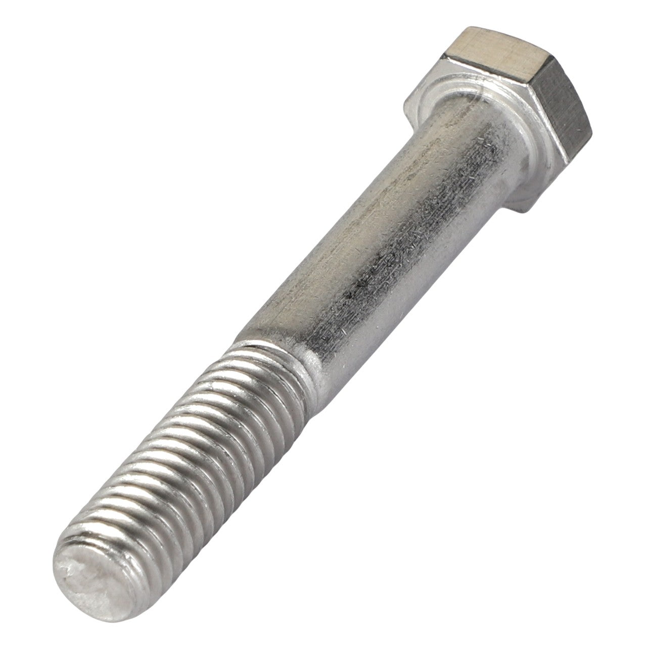 A close-up of the AGCO | HEXAGONAL HEAD BOLT - AG562088, featuring a threaded lower half and a hexagonal head, positioned diagonally against a plain white background. No current product description better captures its precision engineering and sleek design.