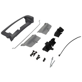 Components of the AGCO | ACTUATION - F930500030360 hardware assembly kit, which include several plastic parts, screws, a wire, and a metal rod, are meticulously laid out on a pristine white background.