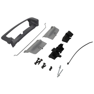 Components of the AGCO | ACTUATION - F930500030360 hardware assembly kit, which include several plastic parts, screws, a wire, and a metal rod, are meticulously laid out on a pristine white background.