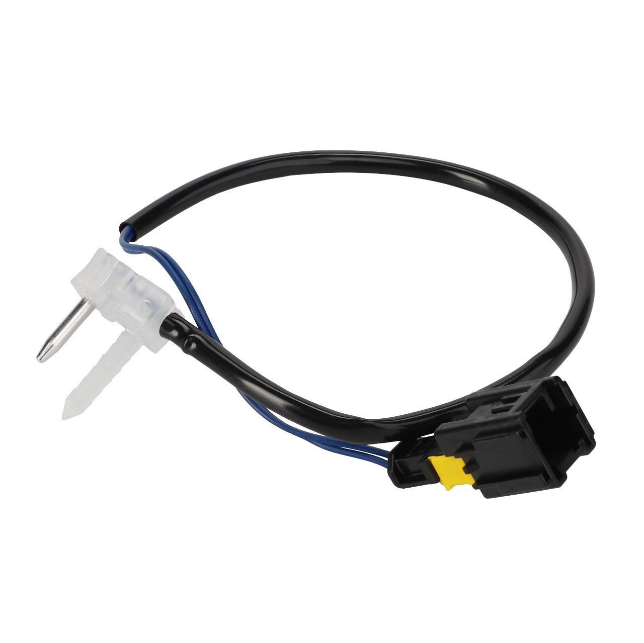 The AGCO Sensor - S120Pf255808A is a black automotive sensor featuring a pointed metal probe on one end and a black plastic connector with a yellow tab on the other, connected by a blue and black wire loop. No product description available.