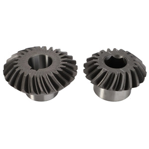 Two AGCO Bevel Gear Kits - Fel140517, featuring teeth of varying sizes, are positioned side by side on a plain white background, showcasing their durability and machinery performance.