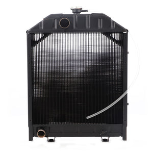 The AGCO Genuine Radiator, model E1824627M93, is shown in a front view. This black metal radiator features a capped outlet on top, an attached side tube, and an inlet at the bottom. It is designed for optimized efficiency and durability.