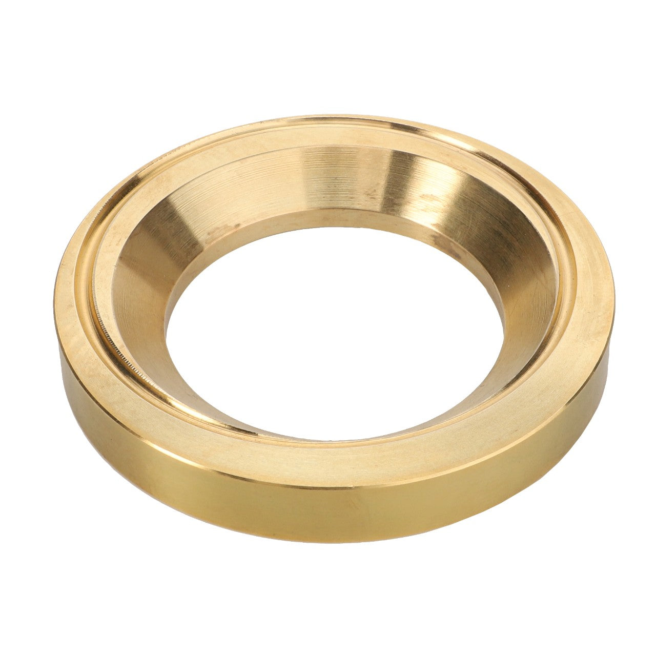 The current product description for the AGCO Adjusting Washer - Acp0369110 from AGCO highlights a brass ring with a wide, flat surface and a hollow center, accented by a narrow groove near the inner edge.