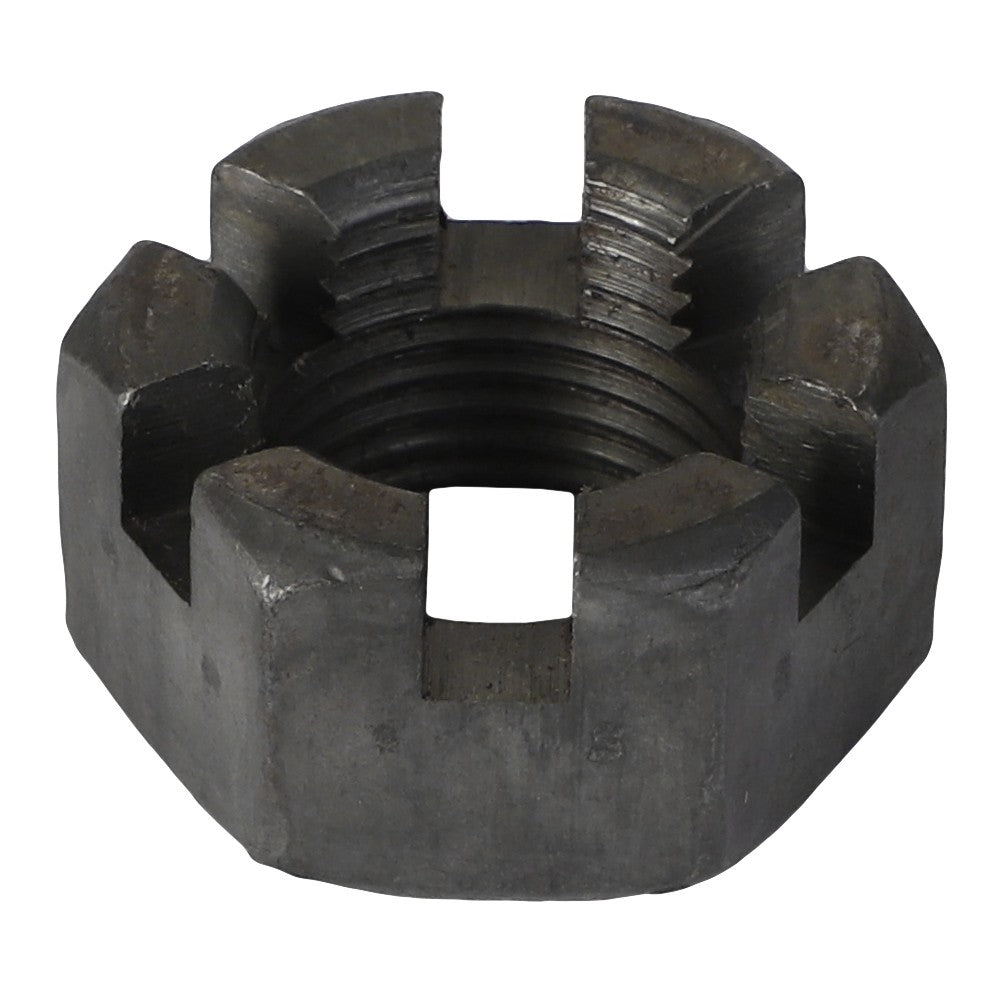 The AGCO Slotted Nut - Acp0146650 is a hexagonal metal castle nut featuring slotted sides and an internally threaded hole at the center.